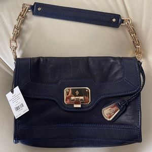 Cole Haan Prussian blue handbag gold chain with leather handle